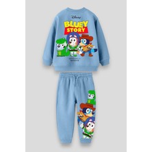 Magu Unisex Çocuk Mavi Bluey Toy Stoyry Desenli Kışlık 3 Iplik Pamuklu Sweatshirt Eşofman Alt-Üst Takım
