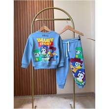 Magu Unisex Çocuk Mavi Bluey Toy Stoyry Desenli Kışlık 3 Iplik Pamuklu Sweatshirt Eşofman Alt-Üst Takım