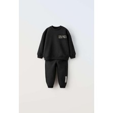 Magu Erkek Çocuk Siyah Sloganlı Pamuklu Sweatshirt Jogger Eşofman Alt-Üst Takım