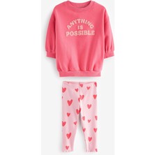 Magu Kız Çocuk Pembe Süzene Sloganlı Kışlık 3 Iplik Pamuklu Sweatshirt Kalpli Tayt Alt-Üst Takım