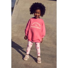 Magu Kız Çocuk Pembe Süzene Sloganlı Kışlık 3 Iplik Pamuklu Sweatshirt Kalpli Tayt Alt-Üst Takım
