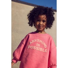 Magu Kız Çocuk Pembe Süzene Sloganlı Kışlık 3 Iplik Pamuklu Sweatshirt Kalpli Tayt Alt-Üst Takım