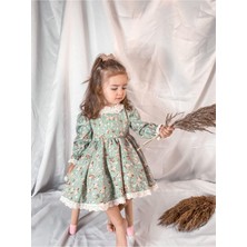 Magu Kız Çocuk Mint Çiçek Vintage Elbise Rahat ve Şık Regular Kalıp Tasarımıyla Özel Günler İçin
