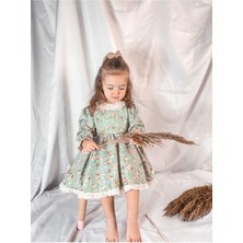 Magu Kız Çocuk Vintage Elbise Mint Renkli Çiçek Deseni ile Özel Olaylarda Şık Görünüm