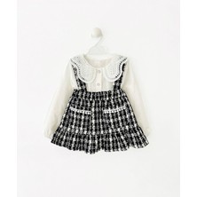 Kız Çocuk Gömlekli Yakası Dantelli Salopet Tüvit Elbise