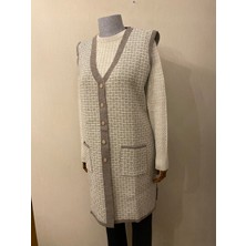 Desenli Çift Renk Genç Anne Yeleği / Vizon Krem