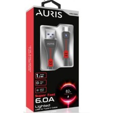 Auris 6.0A USB Type-C Yüksek Hızlı LED Işıklı Şarj ve Data Kablosu