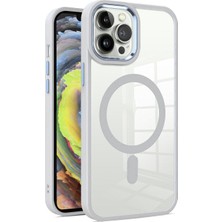 Case World Apple iPhone 13 Pro Kapak Mag Safe Özellikli Metal Kamera Korumalı Arkası Şeffaf Silikon Kılıf - Beyaz