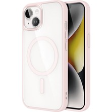 Case World Apple iPhone 14 Kapak Mag Safe Özellikli Metal Kamera Korumalı Arkası Şeffaf Silikon Kılıf - Pembe