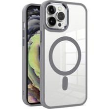 Case World Apple iPhone 15 Promax Kapak Mag Safe Özellikli Metal Kamera Korumalı Arkası Şeffaf Silikon Kılıf - Gri