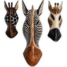 Hedicaret Üçlü Ahşap Mask Seti Zebra Zürafa Dekoratif Duvar Objesi Maske