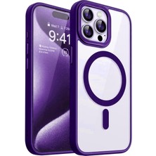 Caseart Apple iPhone 15 Pro Kapak Mag Safe Özellikli Metal Kamera Korumalı Arkası Şeffaf Silikon Kılıf - Mor