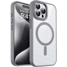 Caseart Apple iPhone 15 Pro Kapak Mag Safe Özellikli Metal Kamera Korumalı Arkası Şeffaf Silikon Kılıf - Gri