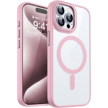 Caseart Apple iPhone 15 Pro Kapak Mag Safe Özellikli Metal Kamera Korumalı Arkası Şeffaf Silikon Kılıf - Pembe