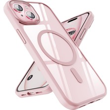 Caseart Apple iPhone 15 Kapak Mag Safe Özellikli Metal Kamera Korumalı Arkası Şeffaf Silikon Kılıf - Pembe