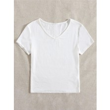 V Yaka Beyaz Renk Fitilli Kısa Kollu Slim Fit Crop Top Bluz