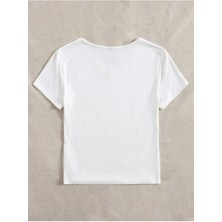 V Yaka Beyaz Renk Fitilli Kısa Kollu Slim Fit Crop Top Bluz