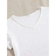 V Yaka Beyaz Renk Fitilli Kısa Kollu Slim Fit Crop Top Bluz
