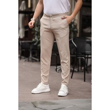 Erkek Bej Jogger Kesim Bel Lastikli Esnek Likralı Silimfit Kumaş Pantolon