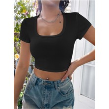 Kare Yaka Siyah Renk Fitilli Kısa Kollu Slim Fit Crop Top Bluz