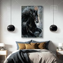 SML Tablo Asil Siyah At Yağlı Boya Efektli Görünümlü Dikey Kanvas Tablo