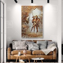 SML Tablo Şemsiyeli Lady ve Kont Desenli Şapkalı Kadın ve Dans Eden Erkek Çift Dikey Kanvas Tablo