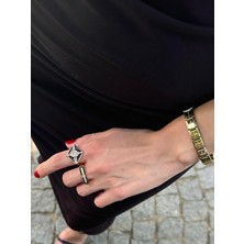 Niceboutique Siyah Mineli Taşlı Gold Bague Tasarım Ayarlanabilir Yüzük