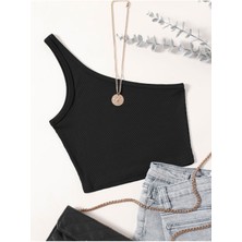 Asimetrik Yaka Kolsuz Tek Omuz Askılı Siyah Renk Fitilli Crop Top Bluz