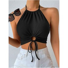 Halter Yaka Bağlamalı Büzgülü Siyah Renk Fitilli Crop Top Bluz