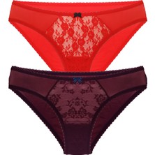 Kırmızı Mor Renk Seçenekli Arkası Tül Önü Dantelli Nefes Alabilen Kadın Bikini Külot