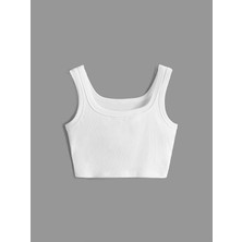 U Yaka Askılı Beyaz Renk Fitilli Crop Top Büstiyer