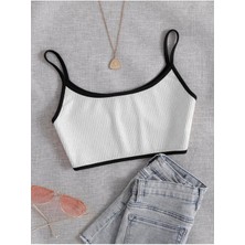 Bisiklet Yaka Askılı Beyaz Renk Fitilli Crop Top Büstiyer