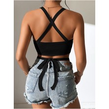 Düz Yaka Çapraz Bağcıklı Askılı Siyah Renk Fitilli Crop Top Bluz