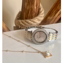 Ferrucci Silver&gold Çelik Büyük Kasalı Kadın Kol SAATI+%100 Çelik Kolye Hediye Set