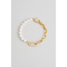 So CHIC İnci Asaleti 18 Ayar Sarı Altın Kaplama 20 Cm Gümüş İnci Bileklik