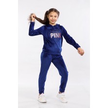 Mornio Kadife Kapüşonlu Baskılı Kız Çocuk Kışlık Eşofman Takımı Açık Lacivert MRN40028-12