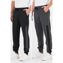 Mmetalic Erkek Siyah-Antrasit Standart Fit Normal Kesim Paça Ribanalı Cepli Rahat Jogger 2'li Eşofman Altı