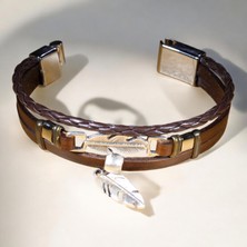 Etniko Kahverengi Deri - Tüy Figürlü Mıknatıs Kapamalı Bileklik