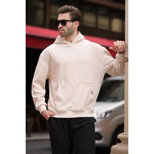 Bej Kapüşonlu Cep Detaylı Dokulu Sweatshirt E7101