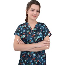 Nur Medikal Giyim Virüs Desenli Pamuklu Master Likra Tek Üst Forma