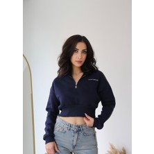 Kadın Overthink Nakışlı Mavi Crop Sweatshirt