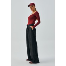 Minaaise Kadın Siyah Yün Poliviskon Çizgili Palazzo Pantolon 28078