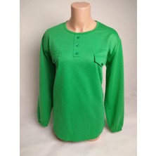 Yaşar Triko Kadın Yeşil Bisiklet Yaka Patlı Düğmeli Süs Cepli Uzun Kollu Bilek Lastikli Iki Iplik Bluz Tişört