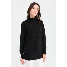 Desen Triko Kadın Tam Balıkçı Yaka Dikişsiz Kazak 23391 Siyah