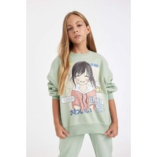 DeFacto Kız Çocuk Oversize Geniş Kalıp Bisiklet Yaka Baskılı Sweatshirt D2880A824WN
