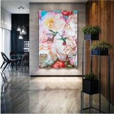 Limitless Design Beyaz Ve Kırmızı Şakayık Çiçeği İle Sinek Kuşları Dikey Hd Baskı Kanvas Tablo