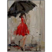 Limitless Design Siyah Şemsiyeli Ve Kırmızı Elbiseli Kadın Yağlı Boya Görünümlü Tablo