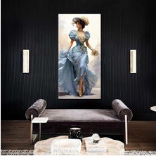Limitless Design Mavi Uçuşan Elbiseli Beyaz Şapkalı Model Gold Detay Boyuna Dikey Hd Baskı Kanvas Tablo