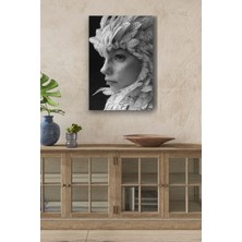 Limitless Design Kuş Tüyü Detaylı Siyah Beyaz Kız Portresi Yağlı Hd Baskı Kanvas Tablo