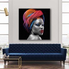 Limitless Design Kırmızı Rujlu Ve Mavi Makyajlı Etnik Eşarplı Model Kare Hd Baskı Kanvas Tablo